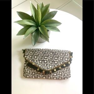 Geometric Print Clutch w/ Gold Coin Fringe
